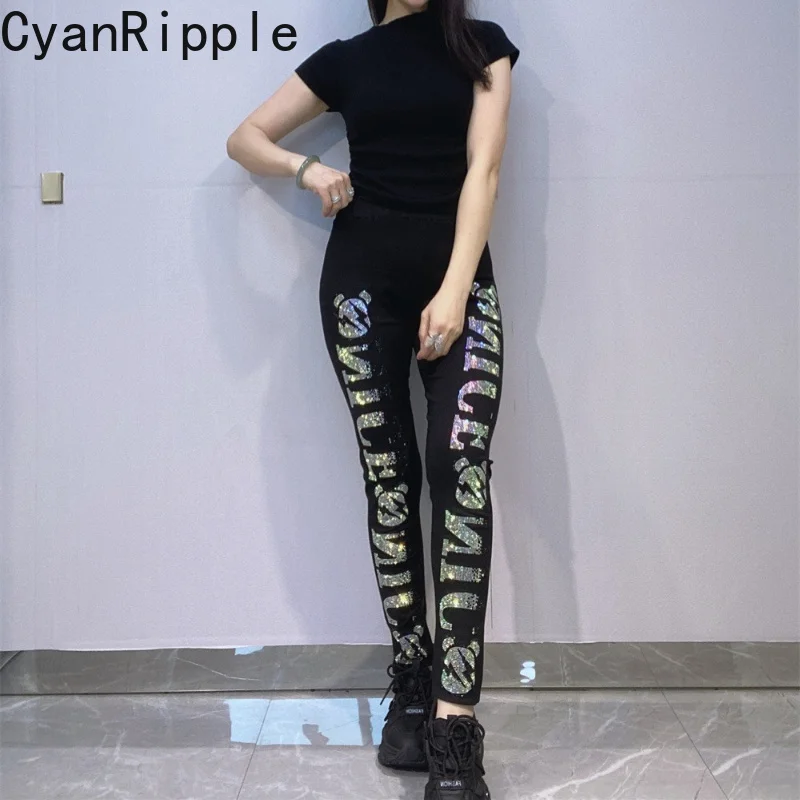 Fashionable New Spring Autumn High Stretch Women Leggings Shiny Letters Hot Diamonds High Waist Slimming Ankle-length Pants
