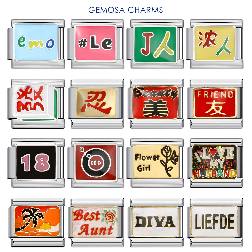 GEMOSA Personality Chinese Words Liefde Diva Simple Italian Charm Link fit 9mm Stainless Steel Bracelet DIY Making Jewelry Beads