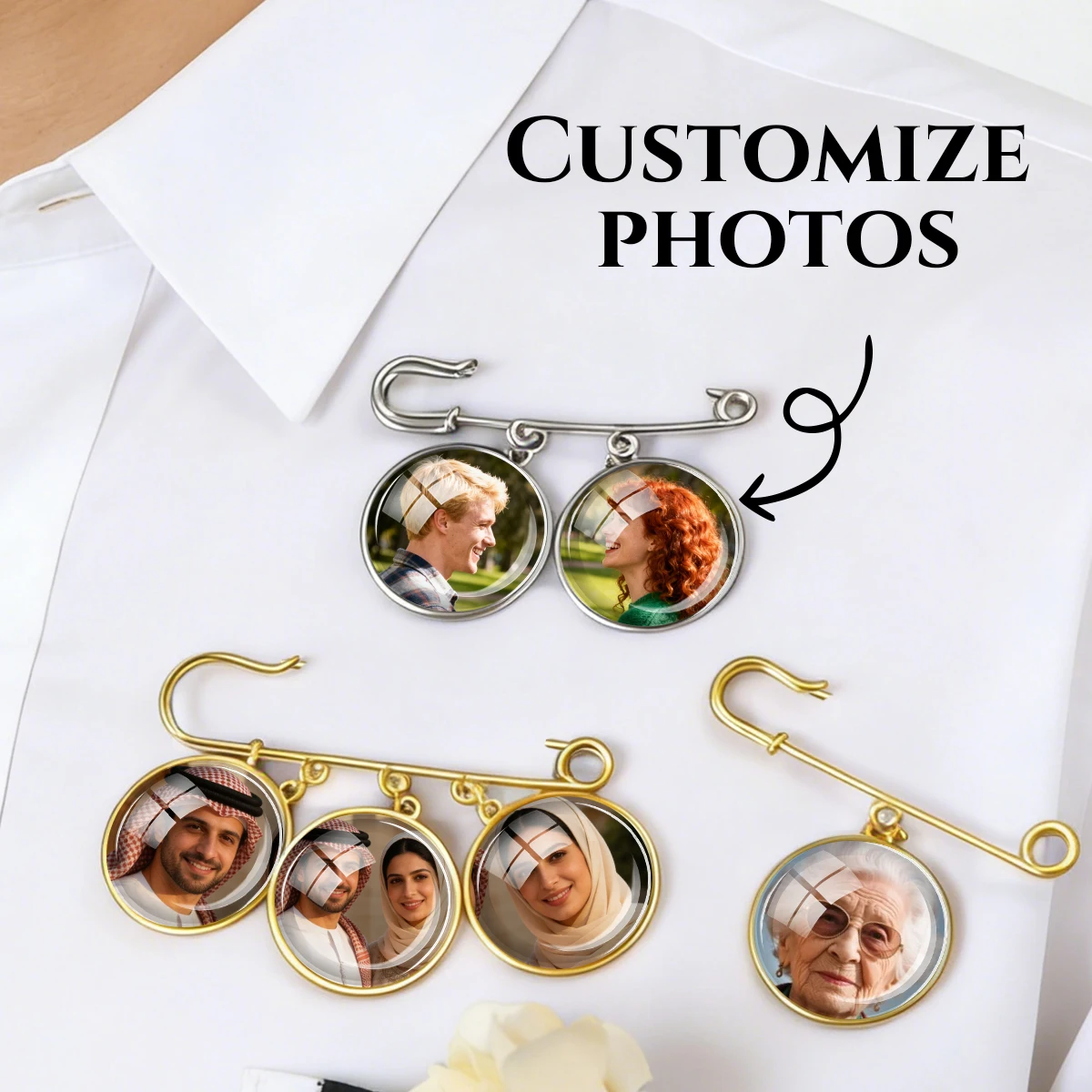 Personalized Gift On Wedding Day, Custom Photo Boutonniere Lapel Pin, Gold/Silver, Bridesmaid Gifts, Father'S Day Gifts