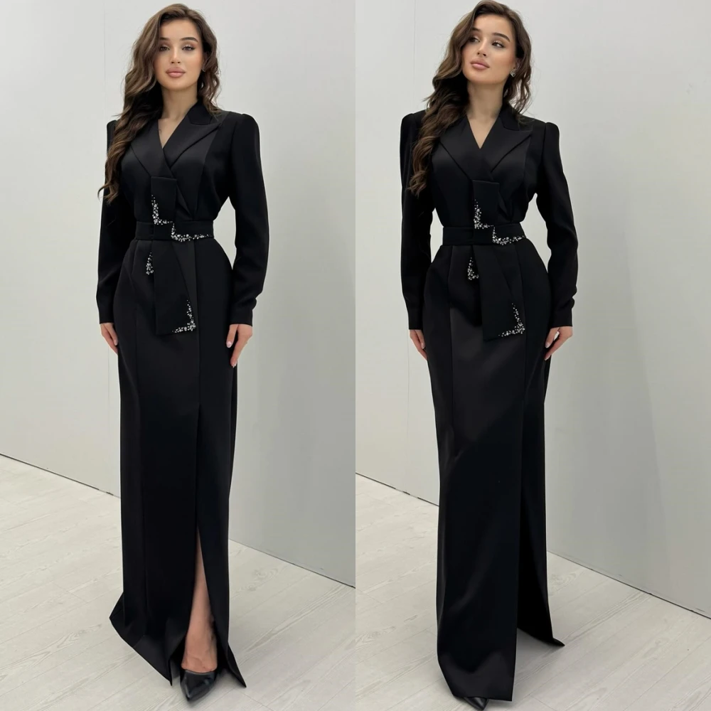 

Customized Exquisite Satin V-Neck Evening Dress Delicate Long Sleeves Prom Dresses Luxury Sweep Train Special Occasion Gowns