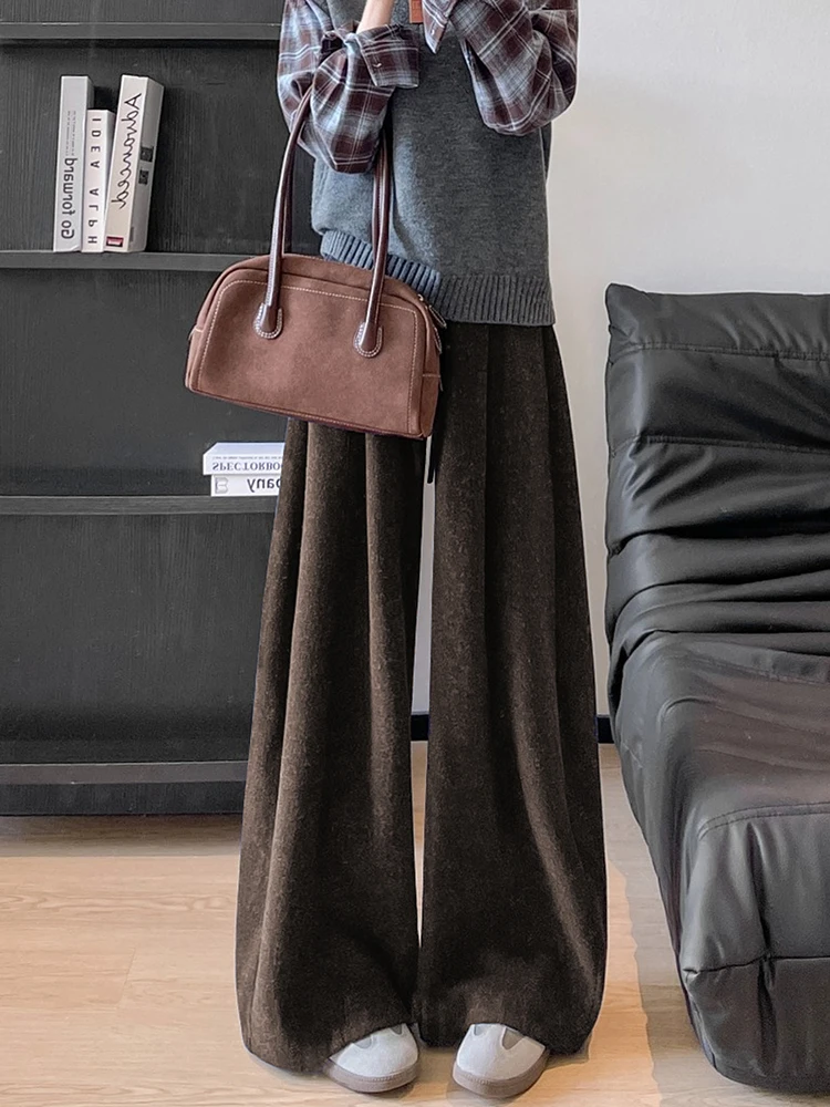 

Шерстяные широкие брюки с изогнутыми ножками для женщин на осень и зиму 2024, новые свободные повседневные брюки с высокой талией и прямыми штанинами