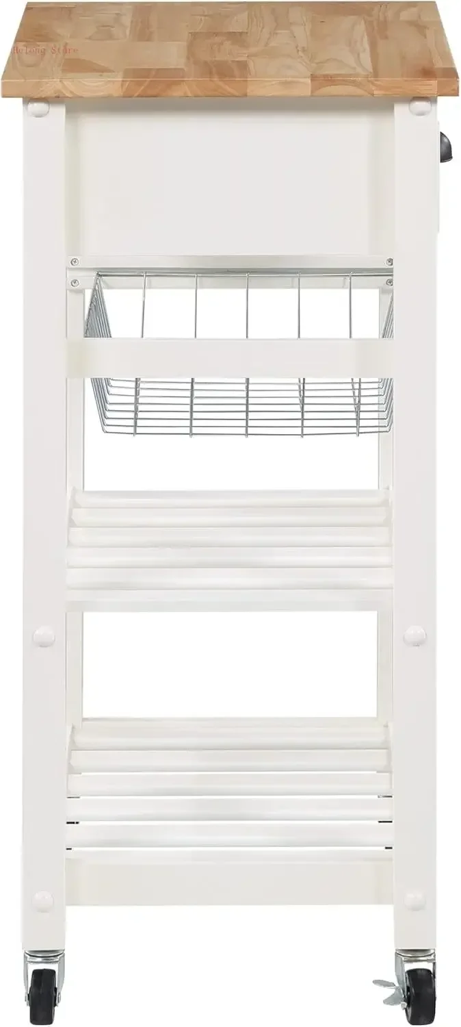 

[XMSJ]Hampton Kitchen Cart with Wood Top, Utensil Drawer, Under Cabinet Basket, and 2 Slatted Shelves, White Base