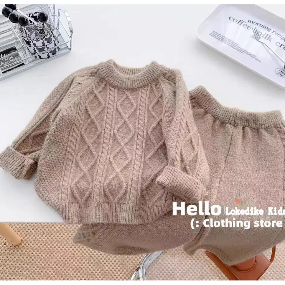 Girls Sweater Clothes Sets Autumn Winter Korean Style Solid Knit Pullover Sweaters Tops+Loose Pants 2Pcs Children Clothing Suit