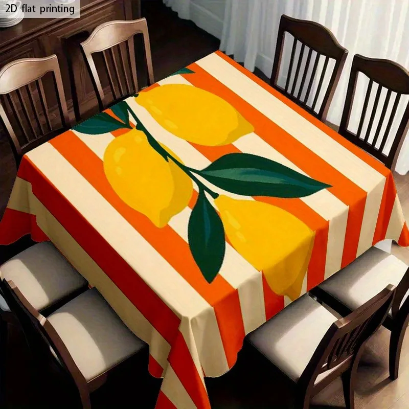 1pc Orange Striped Base with Lemon Branch Pattern, Fresh Vintage Style Farmhouse Decorative Tablecloth, Suitable for Indoor and