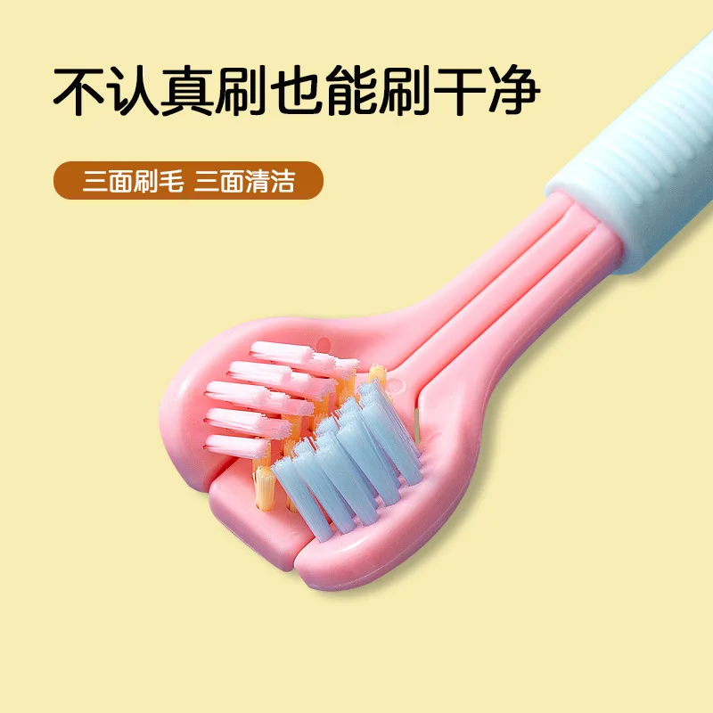 Popular three-sided toothbrush with soft bristles for tongue scraping for adults with three heads in U-shaped macaron color