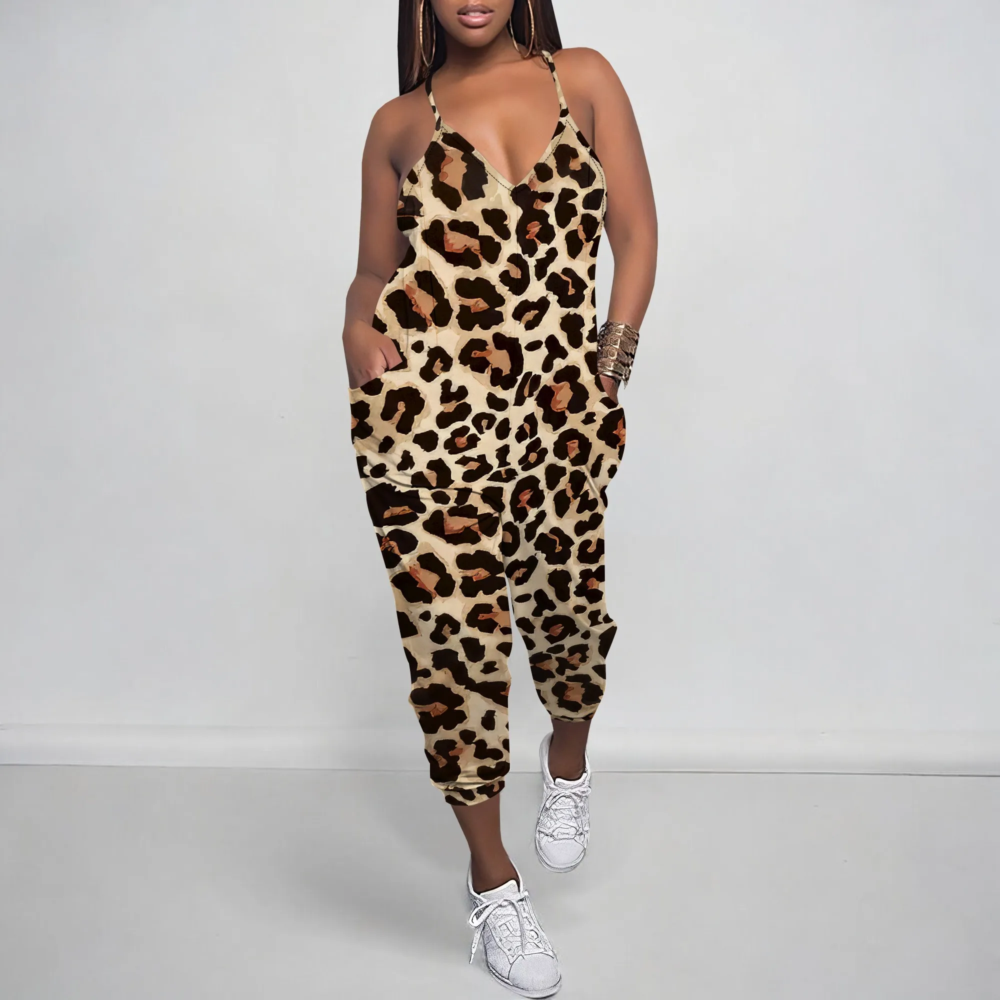 

Nupusa Leopard Print Jumpsuit for Women Standard Size Summer Casual Spaghetti Strap Sleeveless Outfit