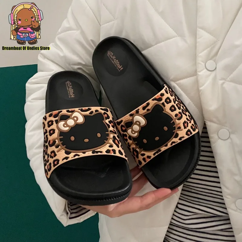 Hello Kitty Cute Beach Bath Slippers for Women Cool Leopard Print Cartoon Home Slippers Female Indoor Non-slip Cosy Home Shoes