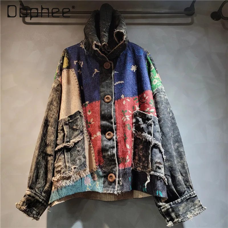 

2024 Autumn Fashion Contrasting Color Printing Knitted Splicing Do Old Denim Hooded Cardigan Women Single-breasted Short Jacket