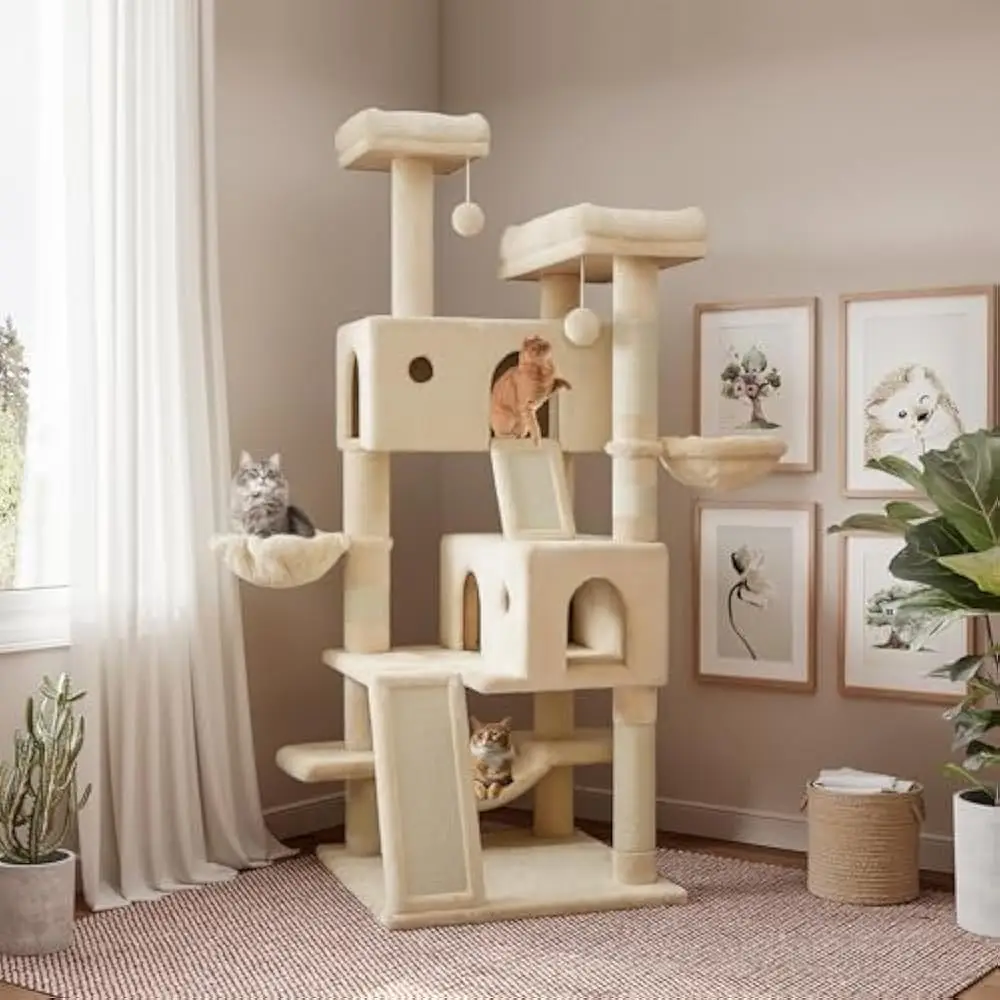 

65in Larger Cat Tree Tower Condo for Indoor Kitties/Multi-Level Furniture Activity Center with Wide Base/Cozy Plush Cat Perches