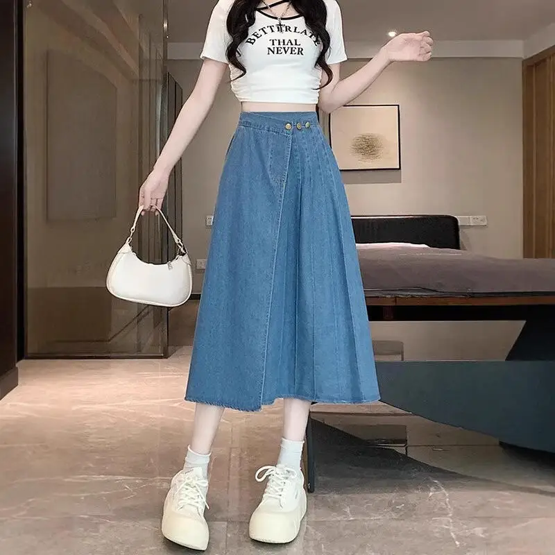 Springsummernew Women Clothing Retro Elegant Irregular Mid Length Denim Skirt Fashion Versatile High Waisteda Line Umbrellaskirt