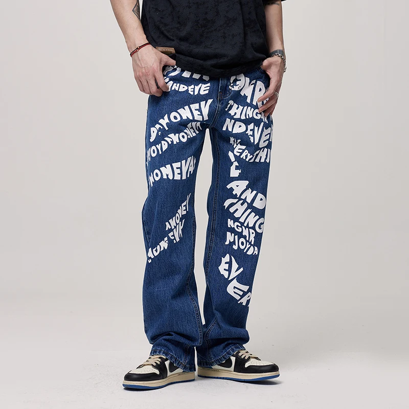 2024 Hip Hop Pants Men's Street Casual Handsome European and American Fashion Brand Retro Washed Letter Printed Loose Jeans