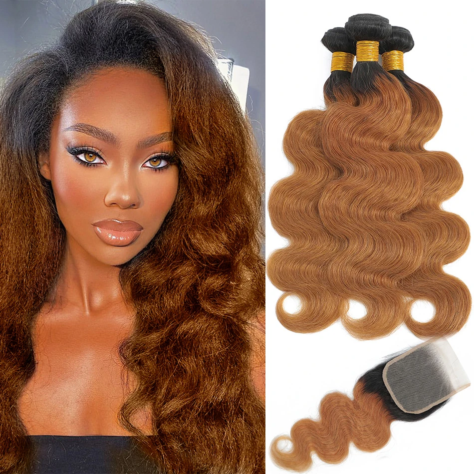 100% Human Hair Ombre Brown Afro Yaki Wave 3 Bundles With Lace Closure 4Pcs Burmese Kinky Body Wave With 4x4 HD Lace Closure