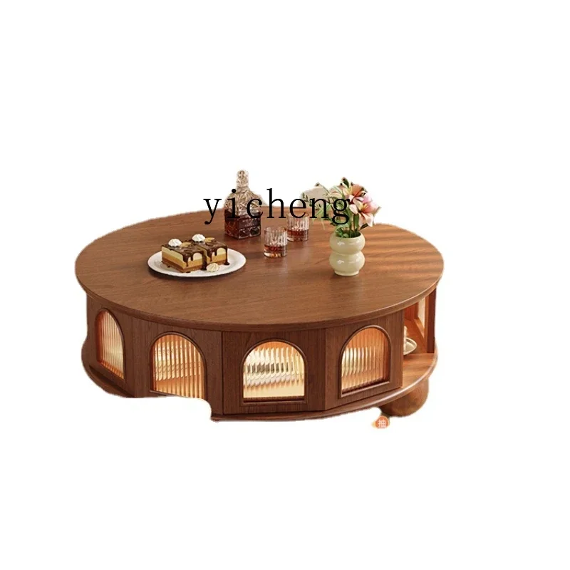 v9.10-Retro All Solid Wood Tea Table Can Be Stored in Ancient Cream Style round Side Table Table