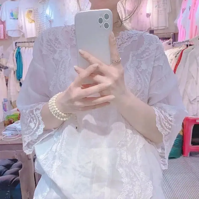 2023 New Summer Fashion Splice Lace V-Neck Small Sexy Women's Solid Color Slightly Transparent Versatile Mid Sleeve T-shirt