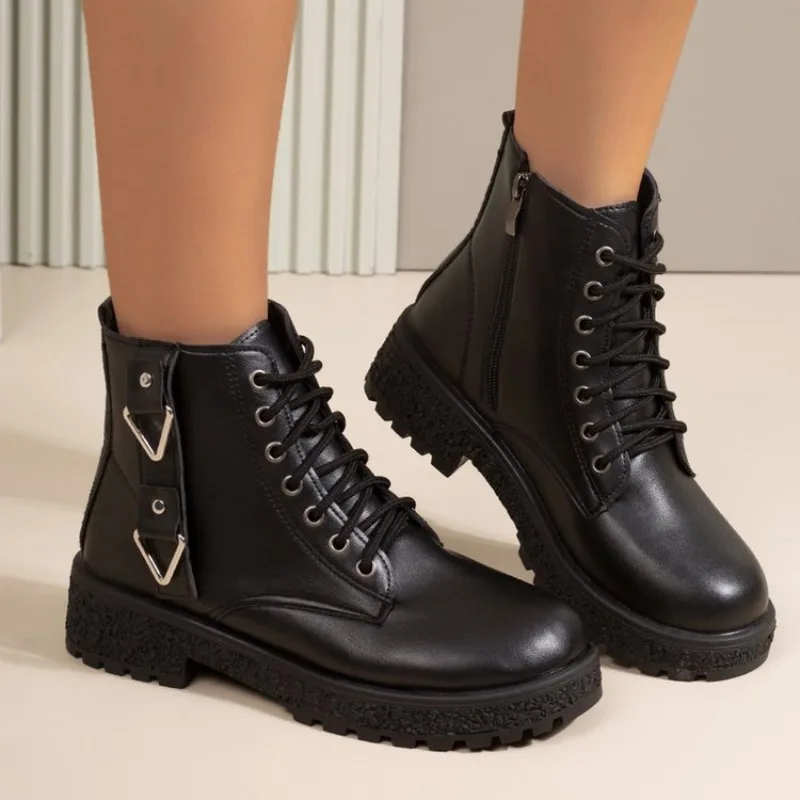 Women's Ankle Boots Round Toe Platform Low Heel Lace-Up Smooth Upper Chunky Outsole Side Zip Combat Footwear Everyday Footwear