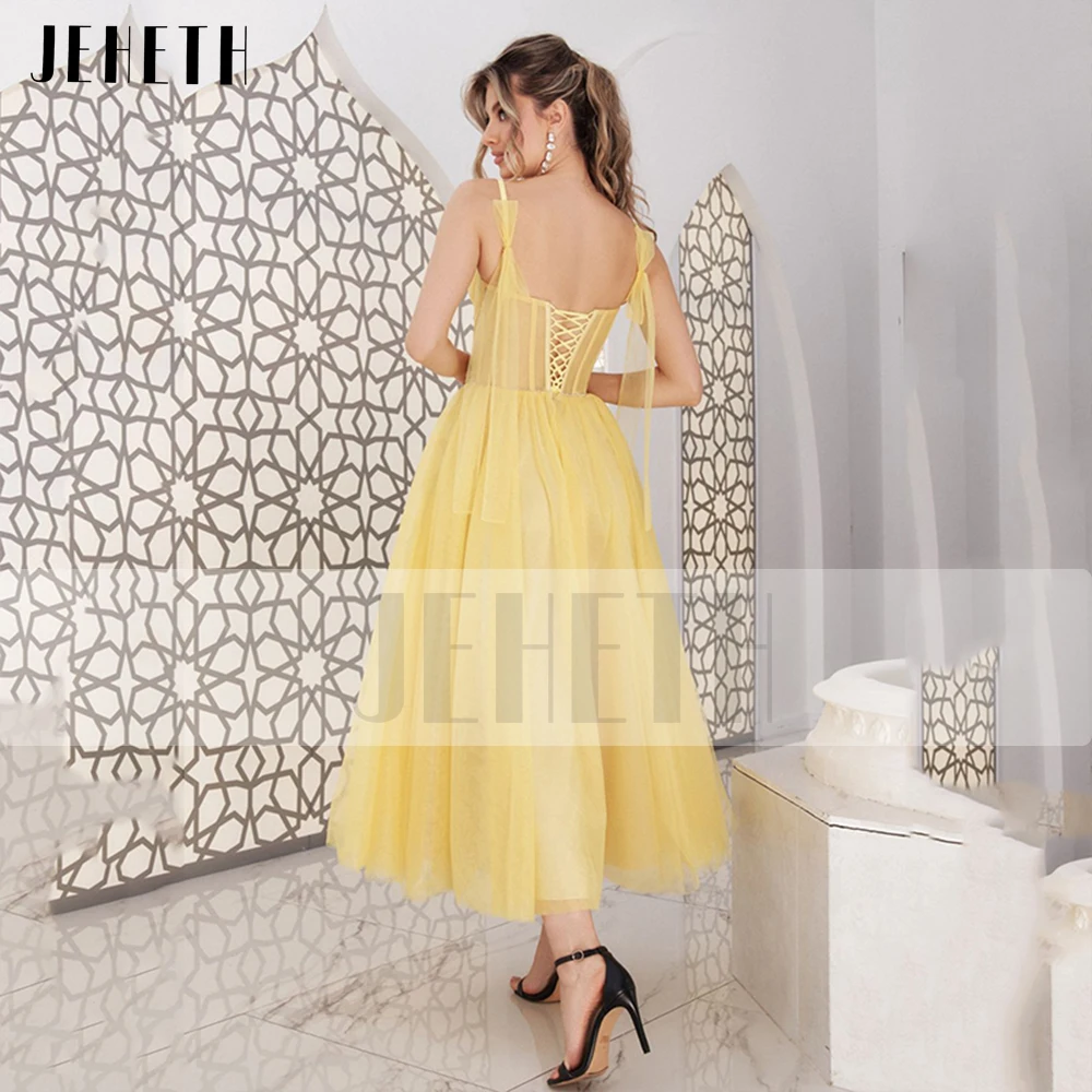 JEHETH-vestido de fiesta de tul con tirantes finos, elegante, amarillo, con lazo, Simple, espalda abierta, plisado, escote Corazón, línea A