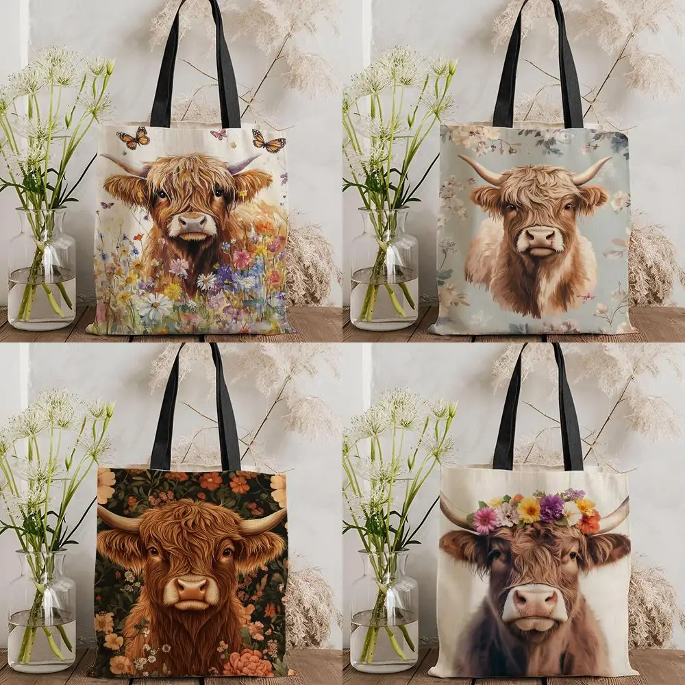 Mountain cattle Storage Bags Canvas Double-Sided Print Tote Bag Large Capacity Shoulder Fashion Shopping Handbag