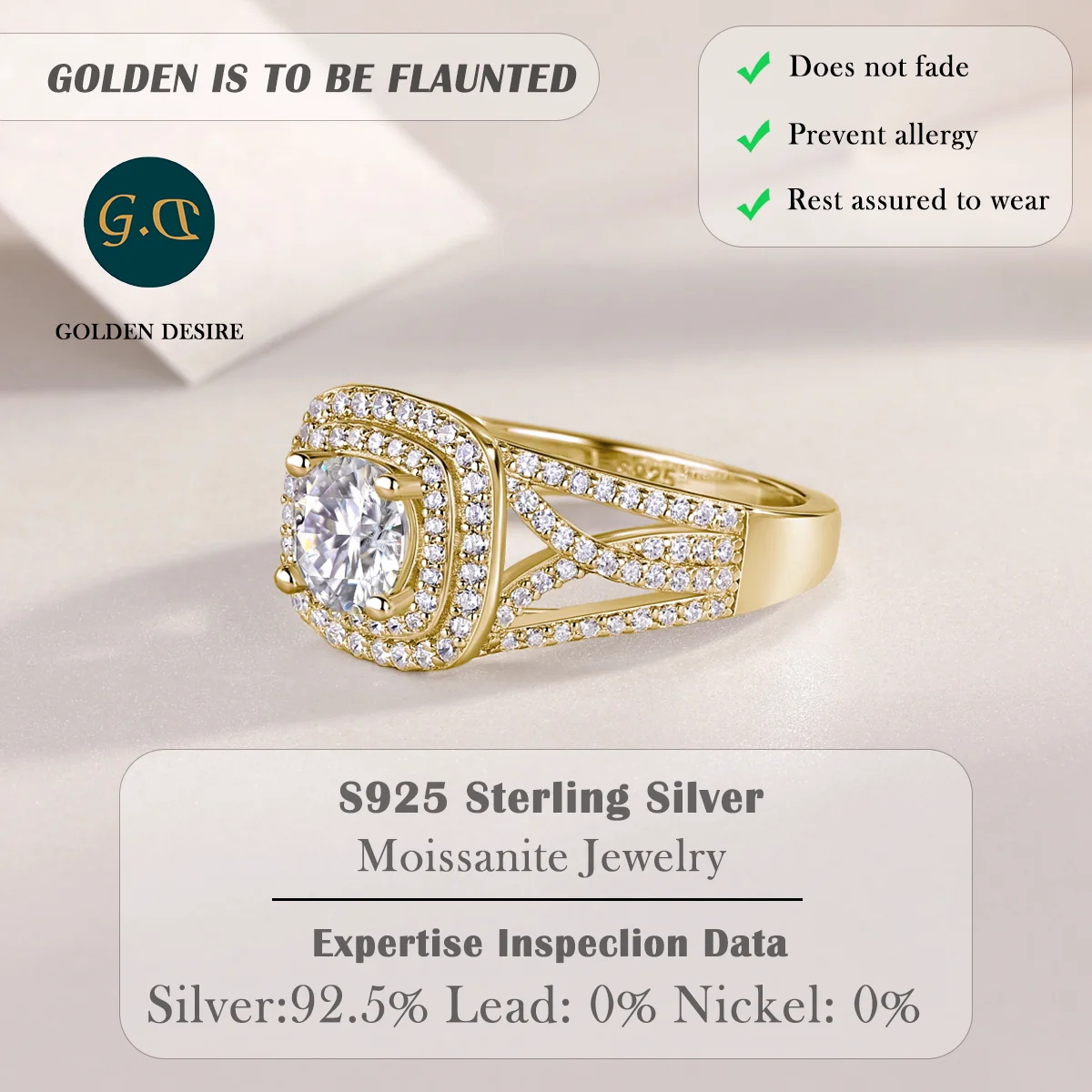 1 Carat Moissanite Double Halo Ring, 18K Gold Plated S925 Silver, Brilliant Round Cut Stone, Split Shank Design for Women