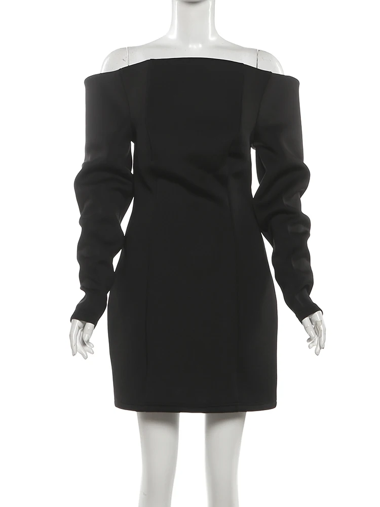 nibber Slash Neck dress women folds zipper solid sexy full sleeve skinny midnight simple classic prom party hottie mini bodycon