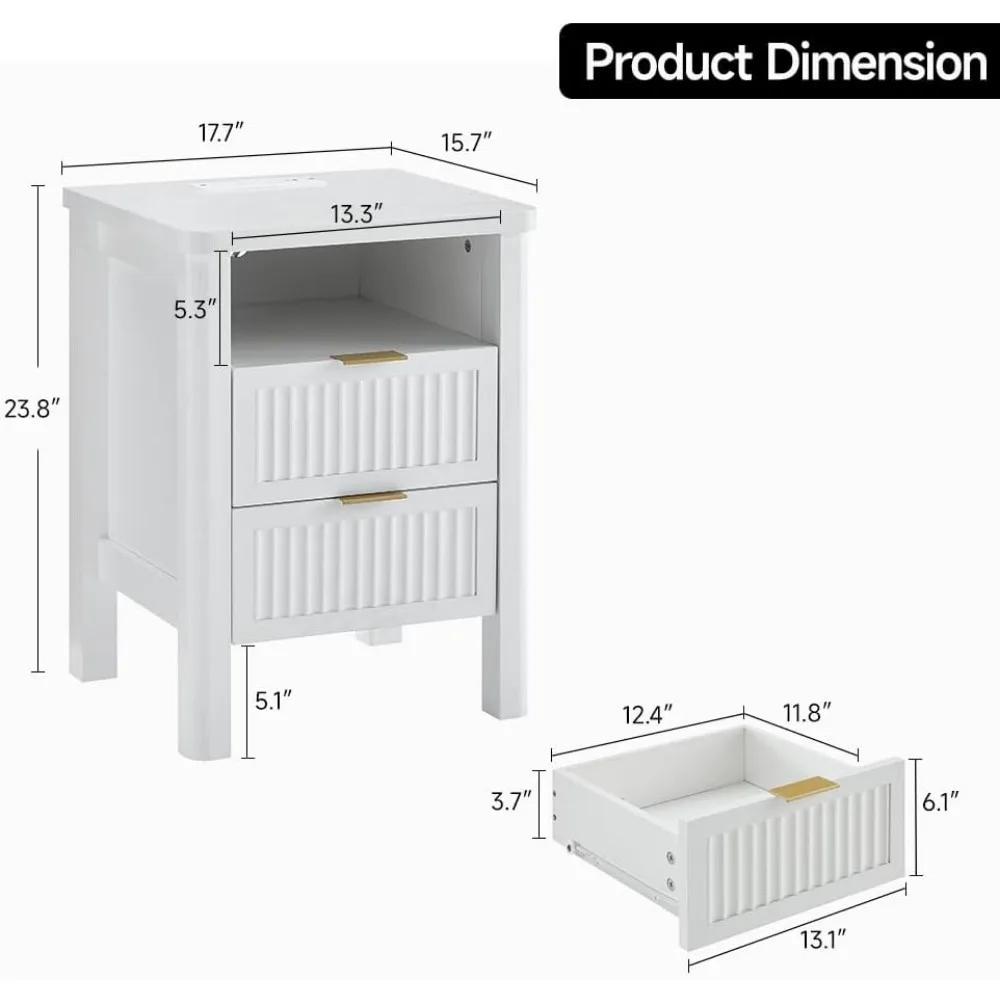 23" Modern Fluted Night Stand, 2 Drawer Charging Station, Curved Design Nightstand Set of 2, White - view 3