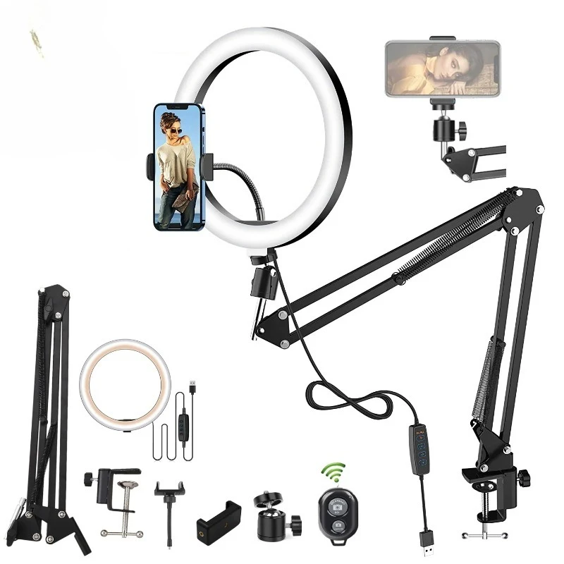 Aro de Luz LED para Selfies con Soporte para Teléfono, Brazo Plegable, Luz de Relleno Circular, Trípode Regulable, Anillo de Luz para Fotografía y Streaming en YouTube