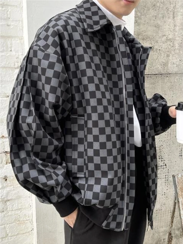 Casual Autumn Jacket for Boys Checkerboard Baseball Style Coat with Edgy Student Design