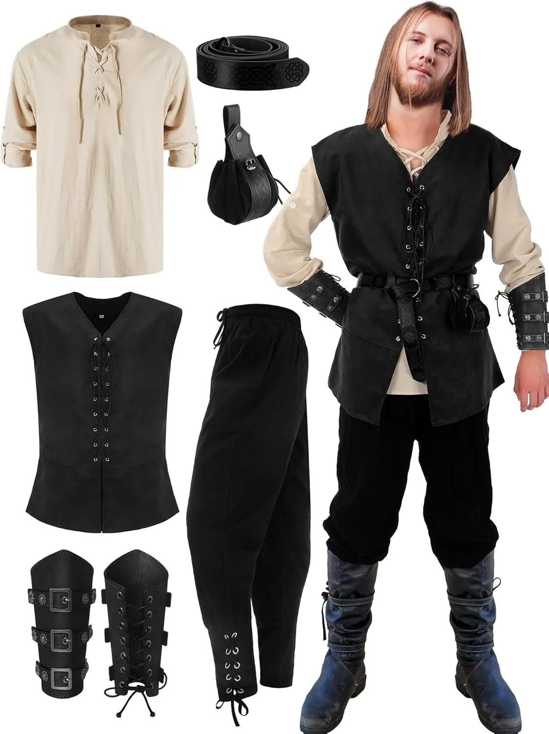 

7 Pcs Men's Halloween Renaissance Costume Set Medieval Vest Shirt Ankle Banded Pants Viking Belt Armband Pouch