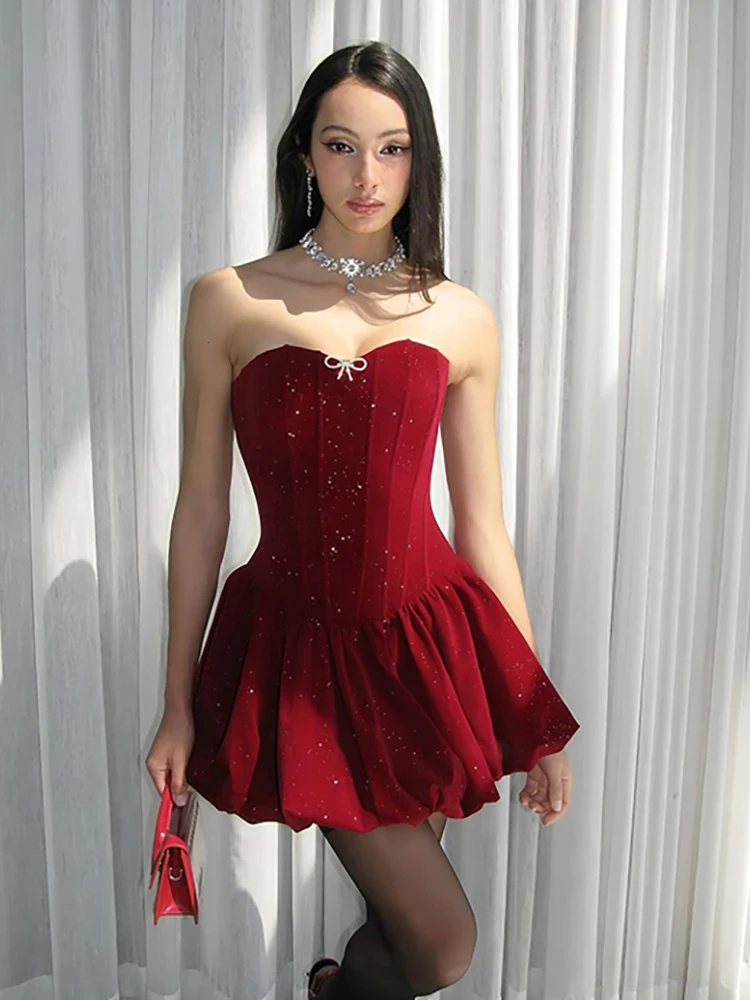 RORORIRI Luxury Glitter Bow Puffy Bud Mini Dress Women Sweetheart Strapless Slim Corset One-piece Evening Party Vintage Clothes