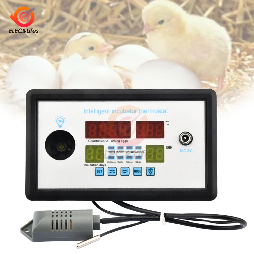 Intelligent Incubator Thermostat Digital Thermometer Humidity Controller LED Cold Light Real-Time Hatch Record With Sensor 12V