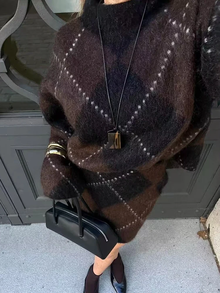 HH المرأة عالية الياقة طويلة الأكمام منقوشة الخريف بلوفر مغزول + أنيقة عالية الخصر الشارع نمط تنورة صغيرة تنورة دعوى Mujer