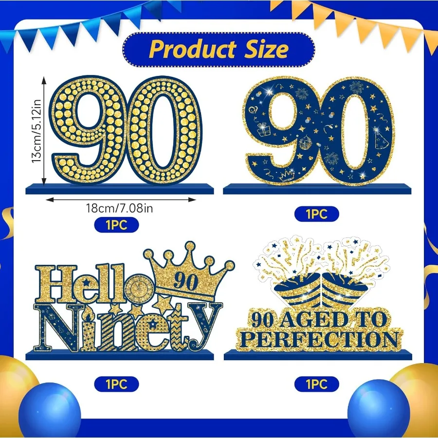 Feliz 90th aniversário decorações de mesa azul 90th aniversário peças centrais sinal azul marinho ouro 90th aniversário festa suprimentos de