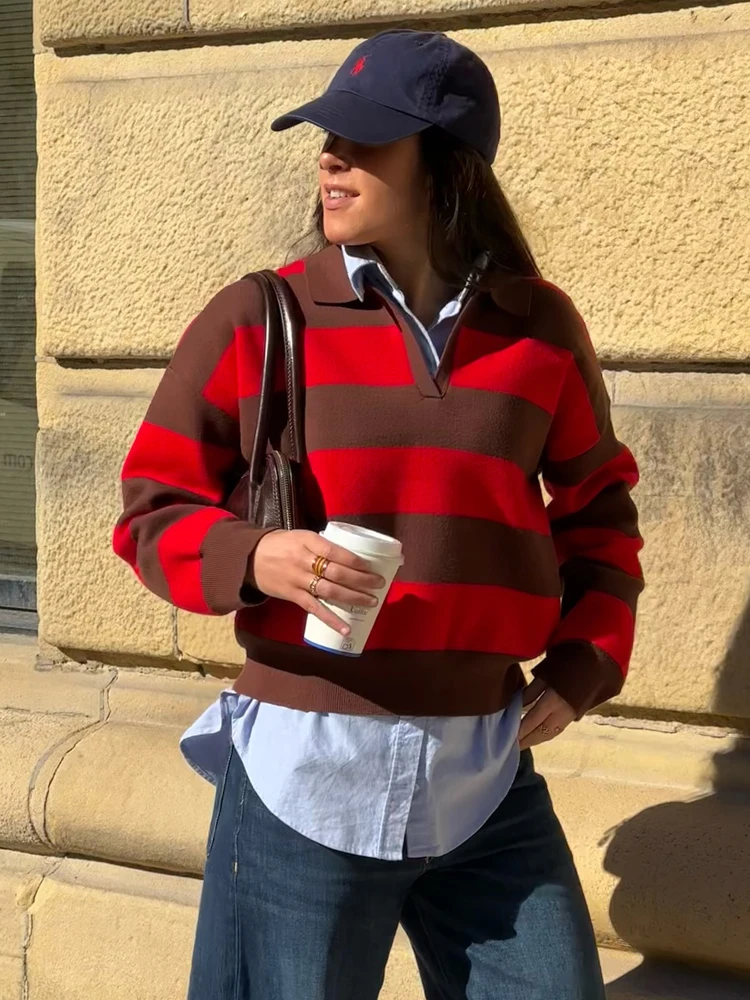 HH-Jersey de punto a rayas con cuello tipo Polo informal para mujer, suéter de manga larga para primavera y otoño, prendas de punto holgadas y elegantes para mujer