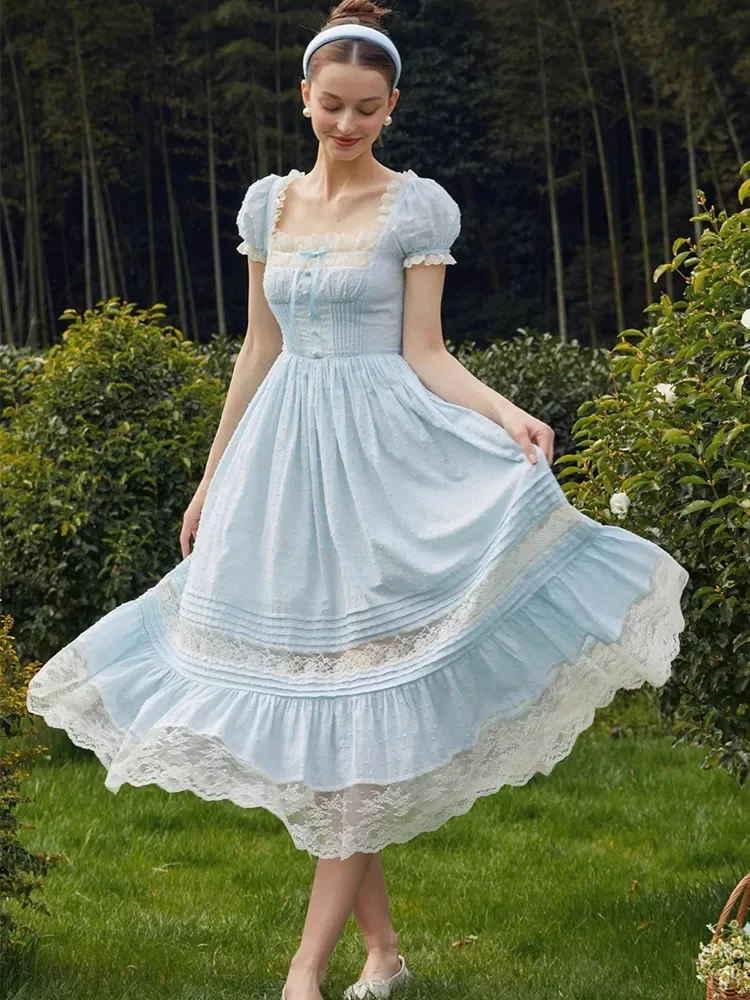 84-99cmหน้าอกฤดูร้อนชุดผู้หญิงวินเทจลูกไม้สแควร์คอพัฟแขนชุดเจ้าหญิงElegantSlim Polka Dot RuffleชุดCinderella