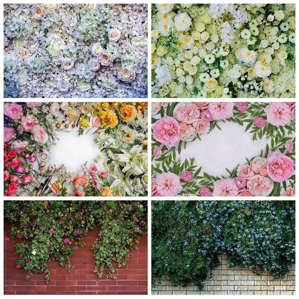 

MOON.QG Spring Flower Wall Photography Backdrop Grass Leaves Rose Photocall Background Wedding Photo Studio Photobooth Supplies