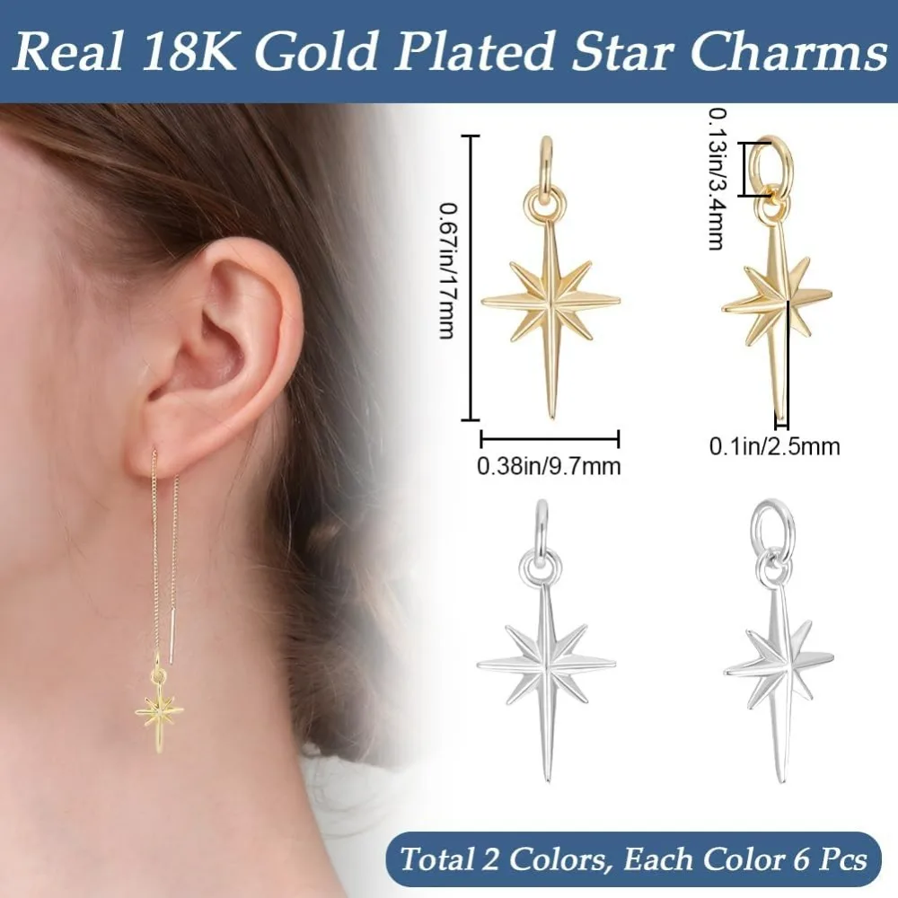 12Pcs Gold/Silver North Star Charms Polaris Star Pendants Charms with Jump Rings 10x17mm for DIY Craft Bracelet making kit