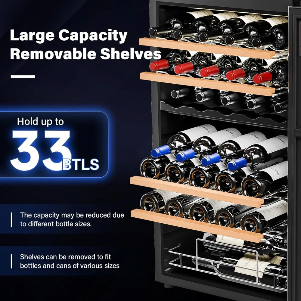Cooler de Vinho de Duas Zonas para 33 Garrafas 41-64 ° Frigobar Independente com Compressor, Controle Digital, Porta de Vidro, Vermelho, Branco, Champanhe, Personalizável