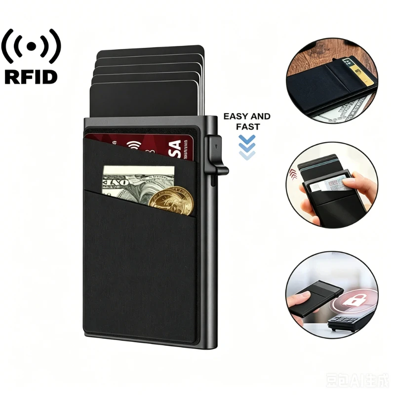 RFID-blockierender Kreditkartenhalter mit automatischem Pop-Up für Herren, Schnelles Auswerfen der Karten, Schlankes Anti-Scan Kartenetui, Tragbare Geldbörse für den täglichen Gebrauch