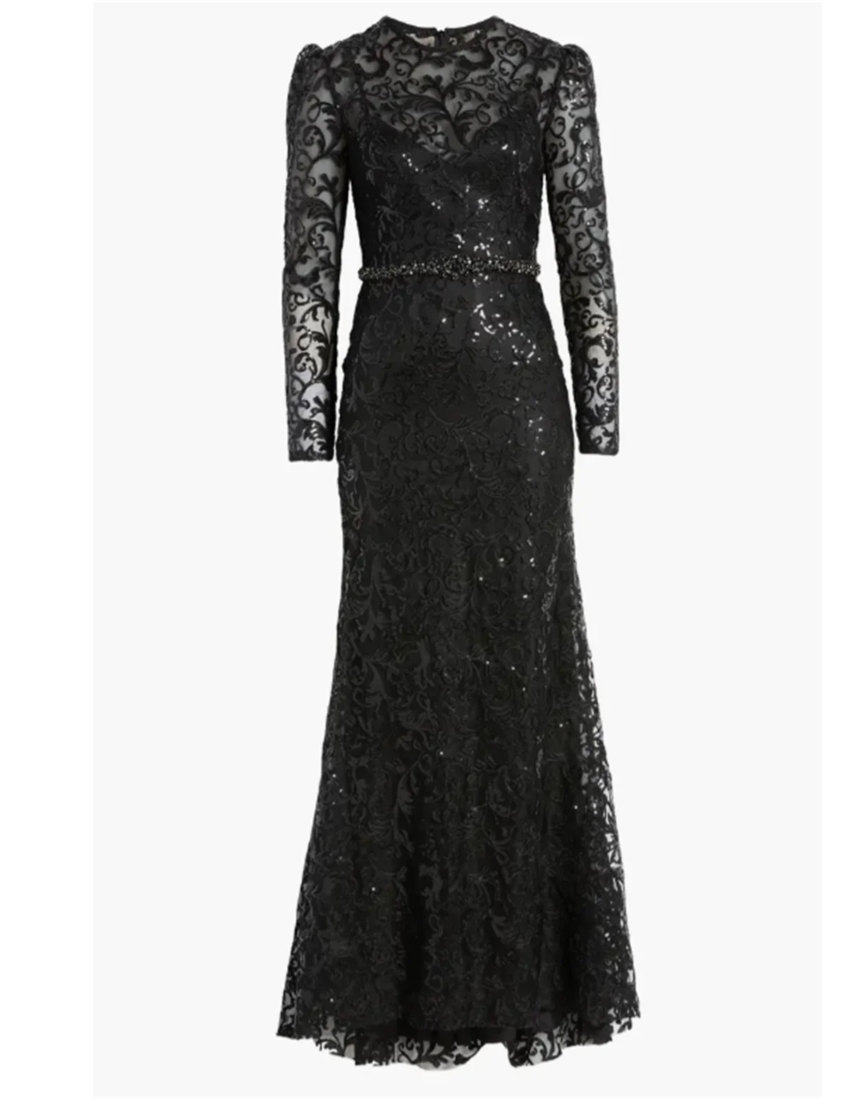 Black Sparkling Lace Pleated Mermaid Evening Dress Round Neck Long Sleeve Sequin Prom Gown Women\'s Formal Occasion Elegant Gown