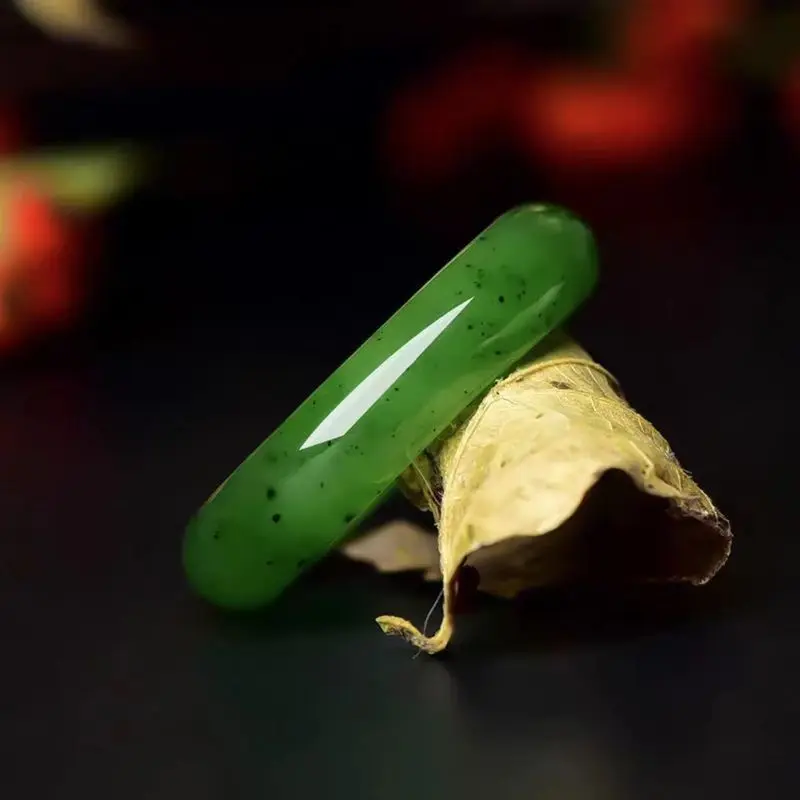 Hetian Jade, Old Mine Material, Bright Green, Wide Flat Band Ring, Fashionable And Versatile