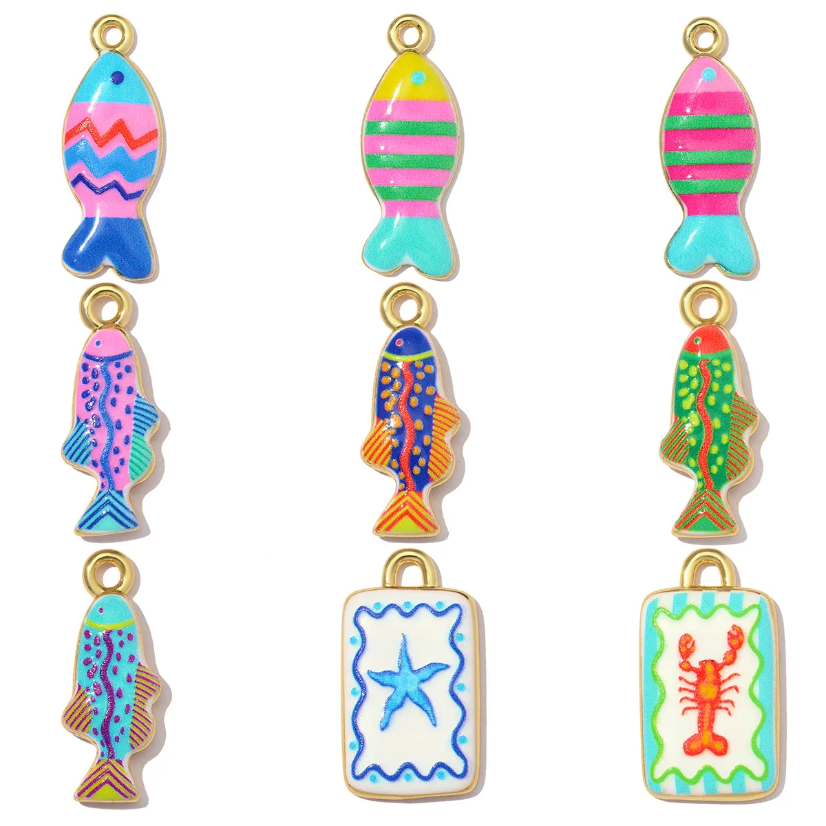 3 Stück/Set Kupfer-Emaille Seestern Hummer DIY Ohrring-Anhänger Regenbogen Tropischer Fisch Halsketten-Anhänger Ozean-Thema Schmuck Großhandel