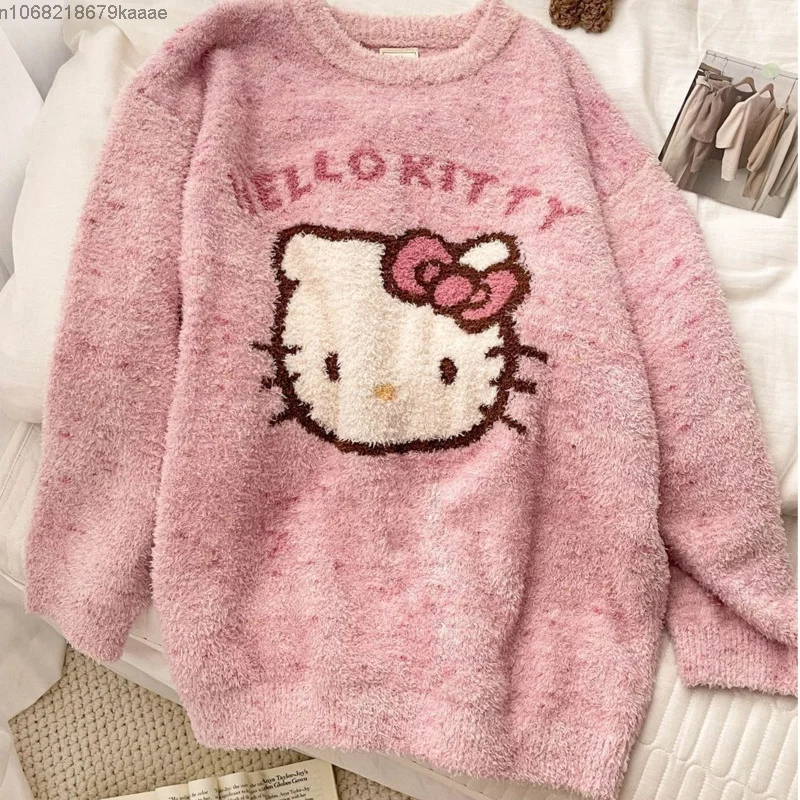 Sanrio Hello Kitty Women Winter New Sweet Cartoon Pajamas Half Velvet Round Neck Home Clothes Cute Y2k Girl Warm Thick Sleepwear