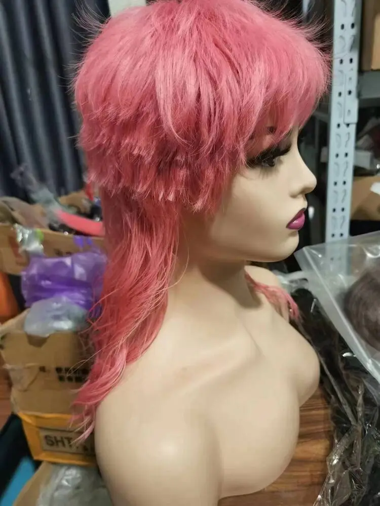 Wig Mullet merah muda modis, Wig potongan Pixie gelombang poni, Wig serat pesta modis