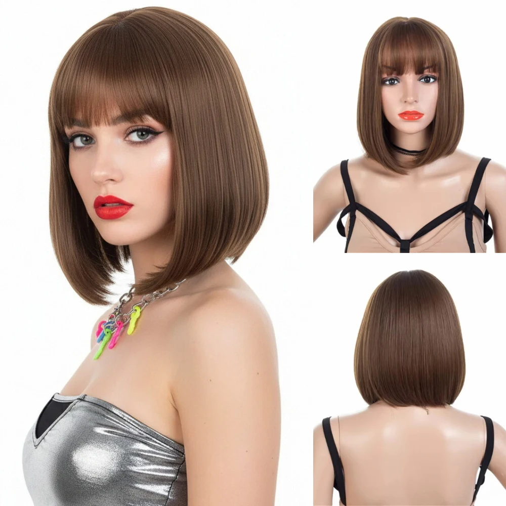 

MSIWIGS Brown Short Wigs Bob Style Straight Synthetic Women's Wig with Bangs 12 Inches Soft Hair