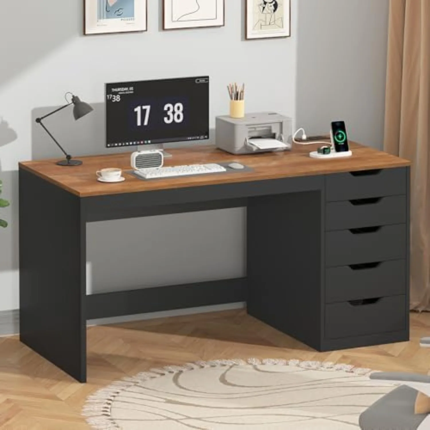 47 Inch Computer Desk with 5 Drawers and Power Outlets for Small Spaces | Home Office Desks with Storage File Cabinet