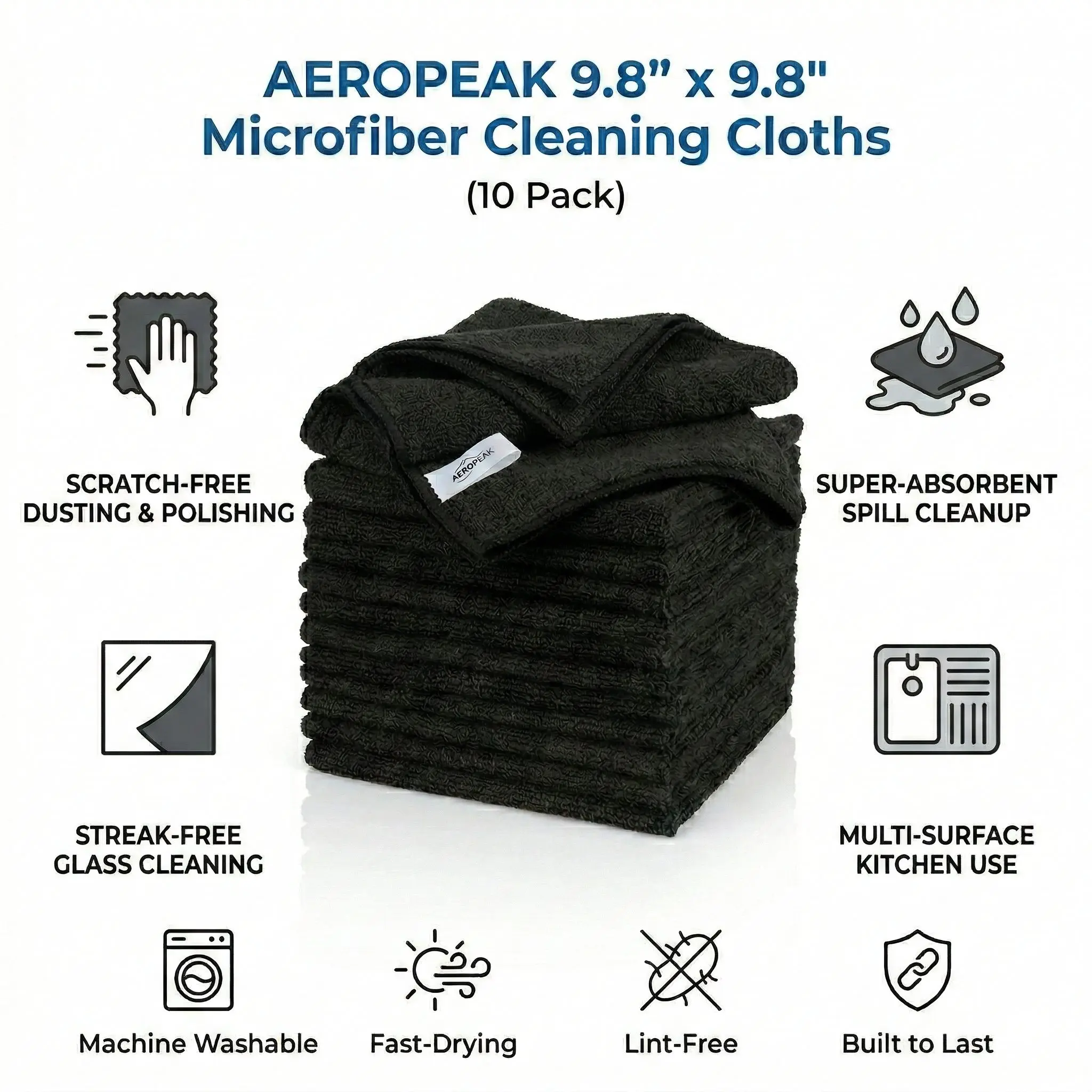 

Набор из 10 микрофибровых салфеток для уборки, безворсовые, не оставляющие разводов, для дома, автомобиля и окон, черные, 32x32 см