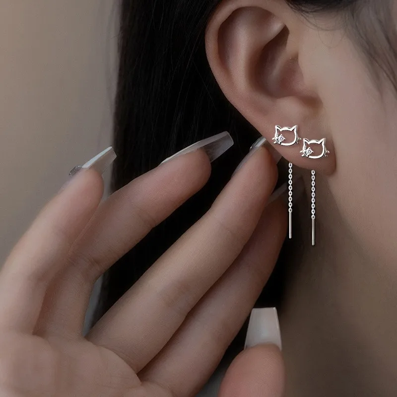 Cute Cat Threader Earrings for Women, Copper Material Dainty Cat Stud Drop Earrings, Adorable Animal Jewelry Gift
