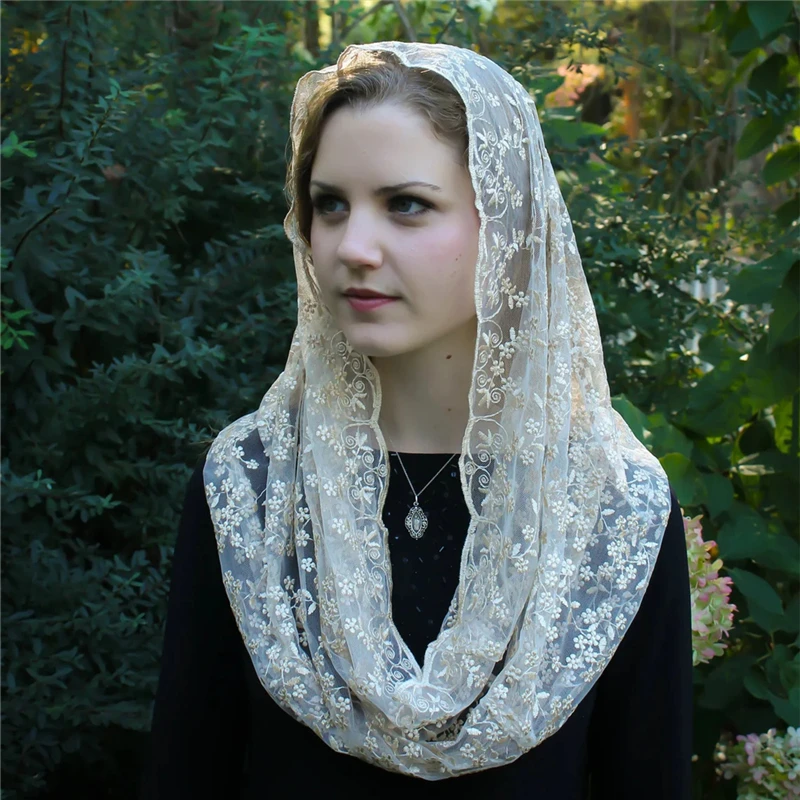 Black Navy Champagne Floral Mantilla Mass Catholic Veils Head Covering For Women Infinity Embroidered Lace Vintage Little Daisy image 5