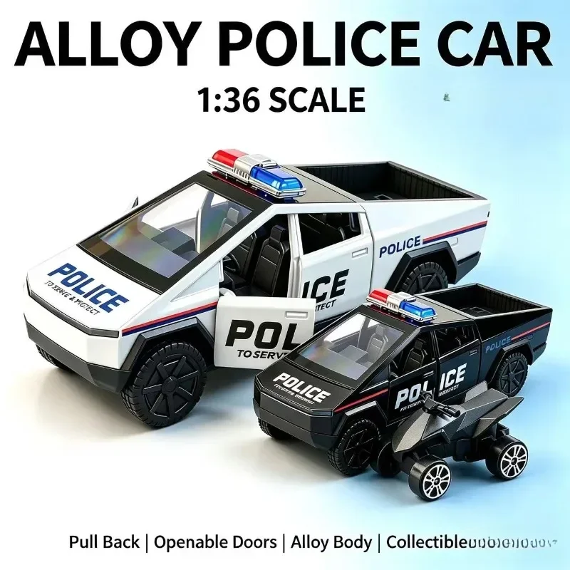 New 1:36 Police Pickup Alloy Car Model, Diecast Pull Back Replica, Openable Doors, Equipped with Mini ATV, For Hobby Desktop