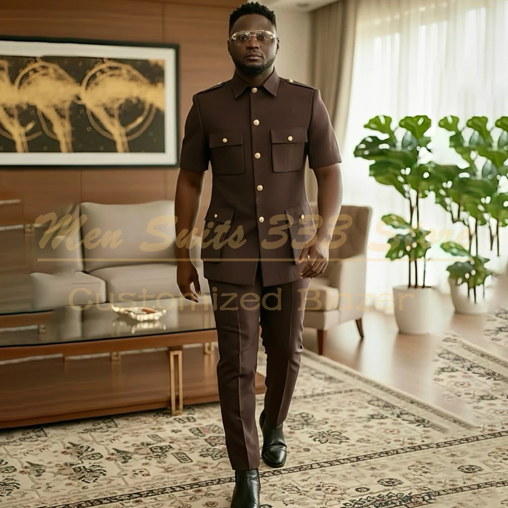 

Smart Casual Men's Suits Formal Brown Single Breasted Blazer Formal Summer Short Sleeve 2 Piece Jacket Pants Outfits Costume
