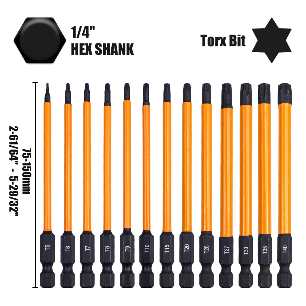 14 قطعة 75/100/150 مللي متر تأثير توركس بت مجموعة مع مفك مقبض T5-T40 ستار مفك بت